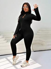 SHEIN EZwear Plus Size Women's Black Casual Slim Jumpsuit,Fall,Winter,Back To School,Casual,Warm Plus Size Jumpsuits For Women - Black - View 5