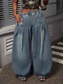 Slaydiva Quần jeans ống rộng xếp ly lưng thun co giãn cỡ lớn cho nữ - Màu xanh lam - Xem 1