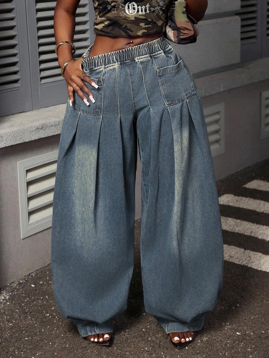 Slaydiva Quần jeans ống rộng xếp ly lưng thun co giãn cỡ lớn cho nữ - Màu xanh lam - Xem 1