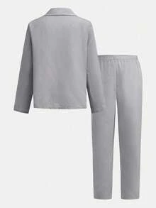 SHEIN 2pcs Tween Boys' Summer Casual White Modest Business Formal Outfit,Solid Color Preppy Gentleman Blazer Jacket And Elastic Waist Pants Set For Wedding - Light Grey - View 3