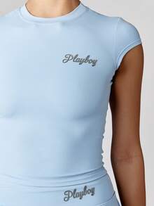 Missguided x Playboy Logo Cap Sleeve Fitted Crop TopAthletic Summer Tennis Workout Women Powder Baby Blue Yoga Fashion - Blue - View 4