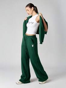 Missguided x Playboy Pantalones jogger de pierna recta y ancha con cordón, ropa de estar en casa casual, pantalones deportivos de felpa de cintura alta para otoño e invierno, prendas inferiores de ocio - Verde militar - Ver 3