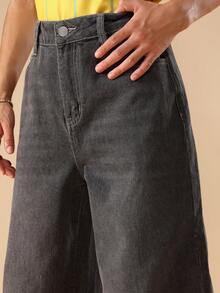SUMWON Wide Leg Baggy Denim Pants Y2K Style High Waisted Straight Leg Retro Jeans Teen Fashion Loose Fit Fall Winter Street Style - Grey - View 5