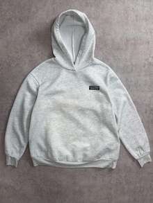 Attitoon 2pcs/Set Casual Minimalist Chest & Hem Woven Label Small Logo Embroidered English Letter Print Loose Cropped Hoodie Sweatshirt, Comfortable For Autumn/Winter