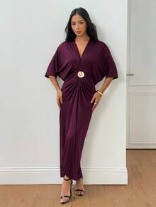 SHEIN PETITE 女式纯色重叠 V 领蝙蝠袖褶皱优雅连衣裙 - 酒紅色 - 查看 7