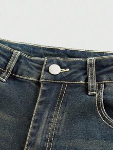 ROMWE PETITE 女式复古 Y2K 豹纹字母刺绣喇叭牛仔裤 - 藍色 - 查看 3