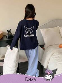 DAZY HELLO KITTY AND FRIENDS | SHEIN 青少年女孩圆领针织长袖上衣和梭织条纹裤睡衣套装，秋季 - 藏蓝色 - 查看 3