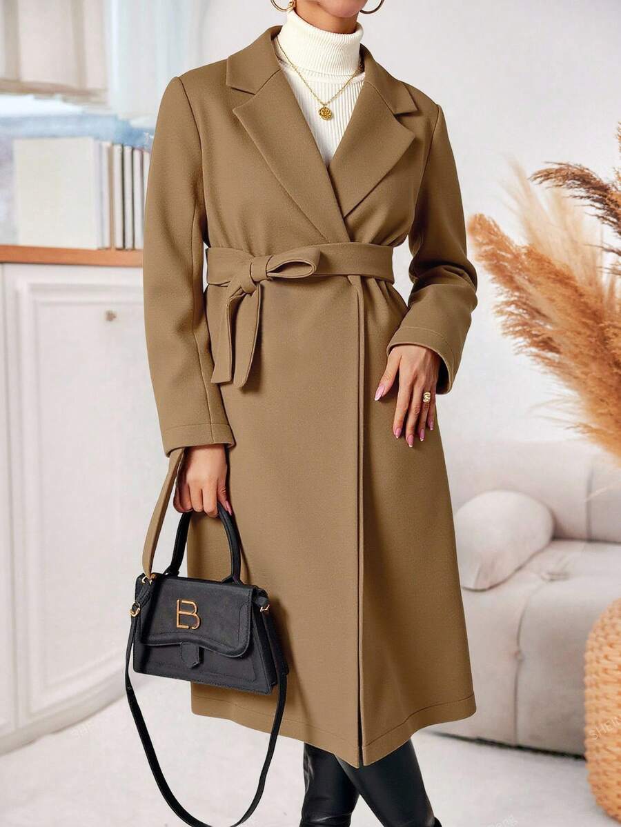 EURMUSE Women's Solid Color Lapel Collar Long Sleeve Long Casual Overcoat, Autumn Winter - Camel - View 1