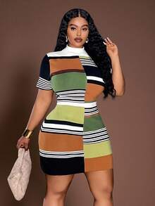 Slaydiva 大码女式立领条纹短袖修身针织连衣裙，适合秋冬季穿着，条纹连衣裙，凸显曲线，修身大码，适合秋冬季穿着。 - 彩色 - 查看 9
