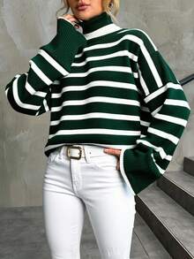 EURMUSE Striped Pattern Turtleneck Drop Shoulder Sweater - Green - View 5