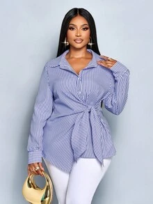 SOLERSUN 大码秋冬女装新款优雅条纹纽扣前衬衫，休闲优雅条纹印花领带前部细节衬衫，扭纹肩带，结， - 寶藍色 - 查看 3