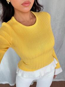 Chiquease 女款白色與黃色針織毛衣，秋季優雅茶會風，極簡圓領落肩長袖，荷葉邊修身不對稱下擺時尚款 - 彩色 - 查看 6