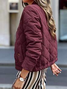 EMERY ROSE Women's Solid Color Long Sleeve Zip-Up Quilted Baseball Jacket, Autumn/Winter, Christmas - Burgundy - View 3