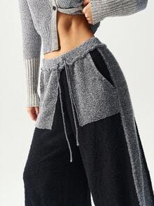 Bohemela Quần dài ống rộng dệt kim dáng rộng màu tương phản có dây rút ở eo dành cho nữ, mùa thu/đông - màu đen - Xem 4