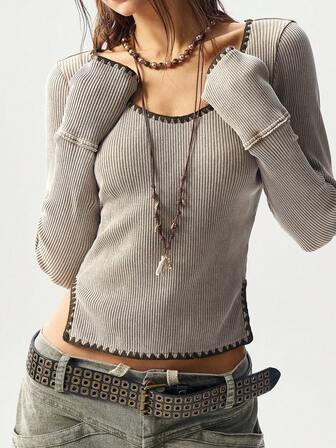 Bohemela Women's Casual Solid Color Contrast V-Neck Long Sleeve Knit T-Shirt, Autumn/Winter