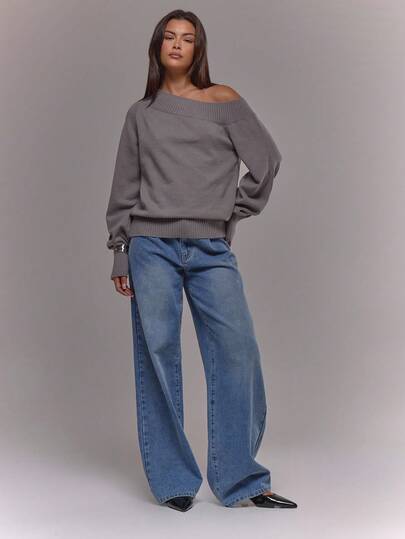 MUSERA 针织罗纹不对称领长袖束口套头衫，适合机场、假日、冬季、日常、优雅晚宴、派对等场合，春季皆宜。