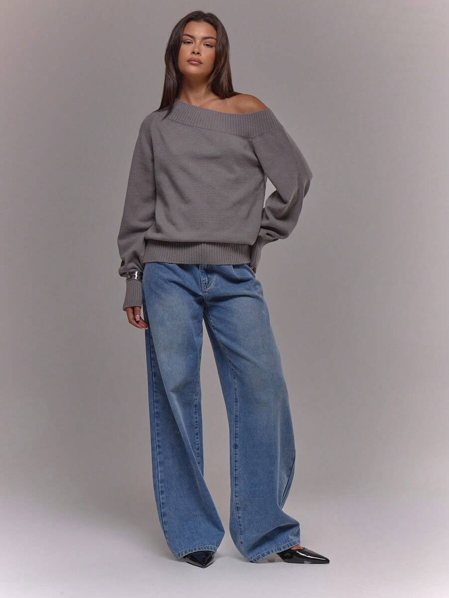 MUSERA 针织罗纹不对称领长袖束口套头衫，适合机场、假日、冬季、日常、优雅晚宴、派对等场合，春季皆宜。 - 灰色 - 查看 1