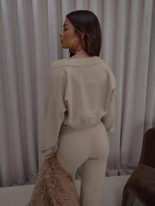 MUSERA Oversized Rib Knit Pull On Shrug Sweater Coord Top Only Streetwear Cute Classy Casual Sexy Going Out Toffee Evening Party Elegant - Apricot - View 2