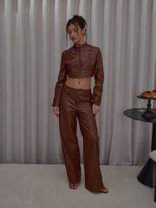 MUSERA Áo khoác cổ cao, khóa kéo phía trước, chất liệu giả da, có khuy bấm, kiểu dáng đường phố, thanh lịch, thường ngày, gợi cảm, màu kẹo bơ cứng. - màu nâu - Xem 5