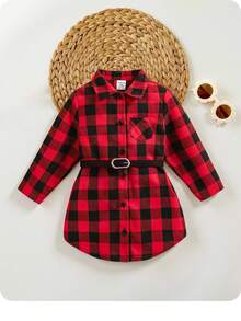 SHEIN 女婴休闲格子领长袖连衣裙，秋冬 - 紅色 - 查看 1