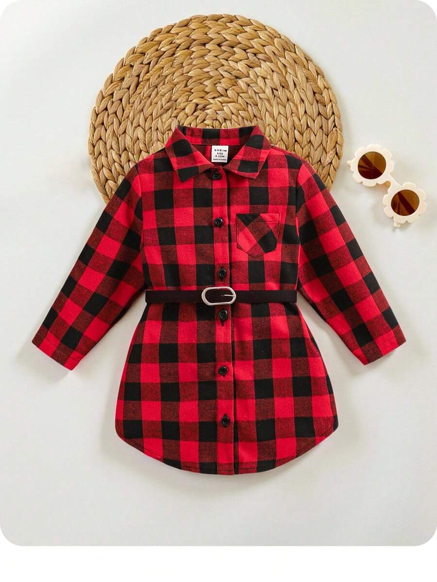 SHEIN 女婴休闲格子领长袖连衣裙，秋冬 - 紅色 - 查看 1