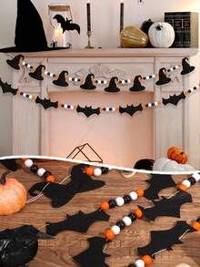 1/2pack Witch Halloween Garland, Felt Witch Decorations Halloween Wooden Beads Garland For Bedroom Haunted House Fireplace Wall Indoor Outdoor - Multicolor - Ver 2