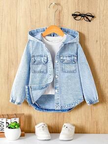 Sparklyn 女童浅蓝色水洗牛仔连帽长袖夹克，休闲百搭，宽松版型，适合日常穿着、上学、通勤、派对、居家、返校季、节日