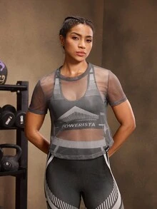 Powerista 女士时尚镂空透视短袖运动T恤 - 灰色 - 查看 4