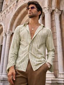 Manfinity VCAY Camisa de vestir de manga larga con rayas, corte slim, informal para hombre, otoño - Multicolor - Ver 3