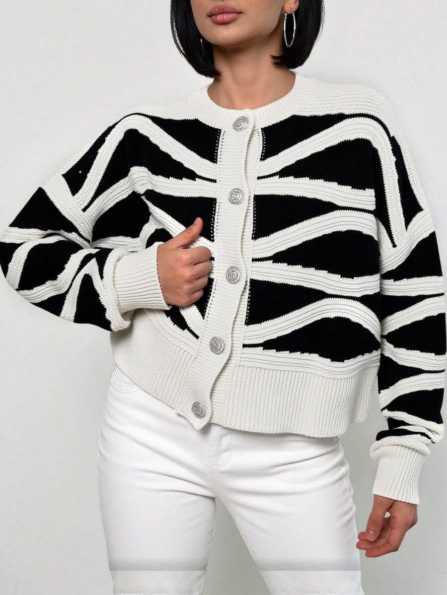 EURMUSE Allover Pattern Drop Shoulder Cardigan - Black - View 1