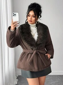 Elenzga Áo khoác đệm thời trang tối giản cỡ lớn có cổ lông - màu nâu - Xem 2
