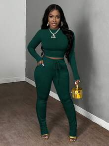Slaydiva 2 件套女士休闲基本款秋冬圆领长袖紧身短款上衣和抽绳松紧腰紧身裤套装 - 墨綠色 - 查看 5
