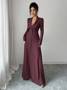 SHEIN Elenzya 女式标准尺码纯色罗纹修身优雅针织连衣裙，秋冬 - 咖啡 - 查看 5