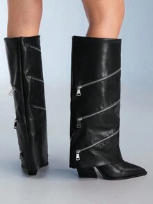 CUCCOO GRLICON Women's Black Patchwork Tall Boots, Western Style Stacked Heel Pointed Toe Boots - Black - View 3