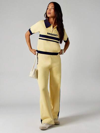 MISSGUIDED Conjunto de dos piezas de MSGD con polo de punto con rayas laterales y pantalones a juego, inspirado en el vintage. Ropa de estar en casa casual de otoño e invierno con estilo retro de los 90