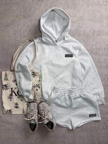 Attitoon 2pcs/Set Casual Minimalist Chest & Hem Woven Label Small Logo Embroidered English Letter Print Loose Cropped Hoodie Sweatshirt, Comfortable For Autumn/Winter