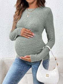 SHEIN Áo thun bầu tay dài màu trơn, kiểu dáng thường ngày, thoải mái. - màu xanh lá - Xem 3