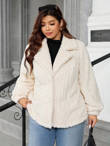 Easura 大码女式优雅厚双面提花抽绳长袖珍珠纽扣开衫 - 白色 - 查看 7