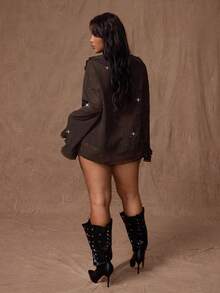 Rustia Áo cánh tay dài bằng vải voan sequin lấp lánh, rộng rãi, buộc dây phía trước, cỡ lớn dành cho nữ, thường ngày, thanh lịch, gợi cảm, mùa thu - Cà phê nâu - Xem 2