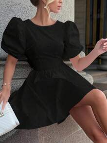 INAWLY Woman Round Neck Short Sleeve Bow Tie Open Back Elegant Short Dress - Black - View 2