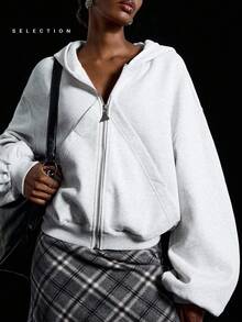 LYSMO SELECTION 2025 新款女士秋季休闲纯色落肩宽松连帽衫，女士秋季卫衣，冬季，万圣节服装/圣诞夜惊魂女装，Y2K - 淺灰色 - 查看 4