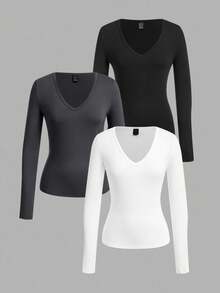 SHEIN EZwear 3 件套女士休闲深 V 领修身长袖 T 恤套装，适合秋冬季，95% 纯棉 - 彩色 - 查看 3