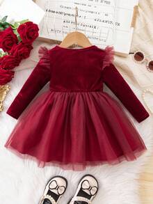 This Adorable One-Piece Knitted Round Neck, Ruffled, Sequined Mesh Red Dress For Baby Girls Is Perfect For Autumn And Winter. Red Is Suitable For Christmas, Parties, Everyday Wear, School, Birthday Dresses, Princess Dresses, Mother-Daughter/Sister Matching Outfits, Wedding Dresses, Carnival Evening Gowns, And More. A Comfortable Autumn/Winter Style, Perfect For Christmas. - Red - View 3
