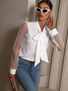 SHEIN Clasi Áo sơ mi nữ cổ bẻ lưới chấm bi tương phản - trắng - Xem 4