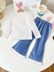 Genkimix Kids 2pcs/Set Young Girl 3D Heart Decor Crew Neck Long Sleeve Sweatshirt And Flare Pants Casual Outfit - Multicolor - View 2