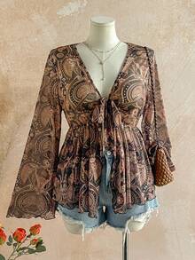 Soleia 大码女式复古花卉印花针织网眼前开襟系带腰喇叭袖衬衫 - 彩色 - 查看 1