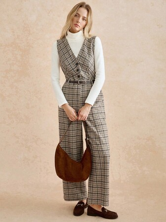 Écloséra Chaleco sin mangas con cuello en V de tweed a cuadros de moda retro casual, mono plisado con bolsillos, nuevo traje de pantalones de mujer para otoño/invierno