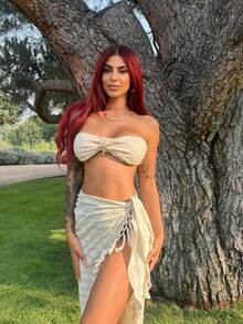 Bearsaez Summer Beach Women Holiday Beach Fringe Trimmed Tie Front Cover Up Skirt - Beige - View 4