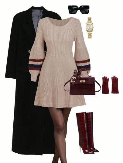 Ellevyn 圆领优雅条纹袖腰 A 字形毛衣裙，修身版型，秋冬季日常穿着舒适