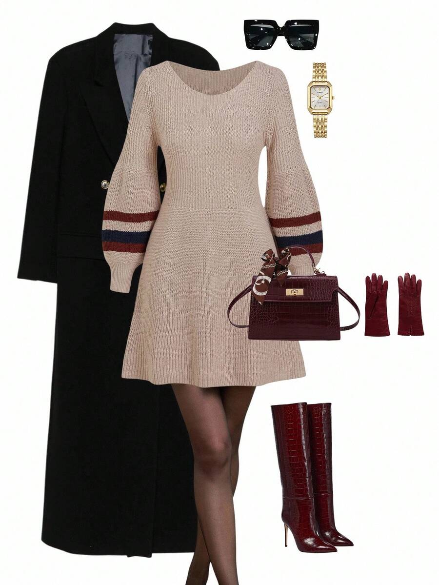 Ellevyn Đầm len dáng chữ A cổ tròn tay kẻ sọc thanh lịch, dáng ôm tôn dáng, thoải mái khi mặc hàng ngày vào mùa thu/đông - Màu Khaki - Xem 1